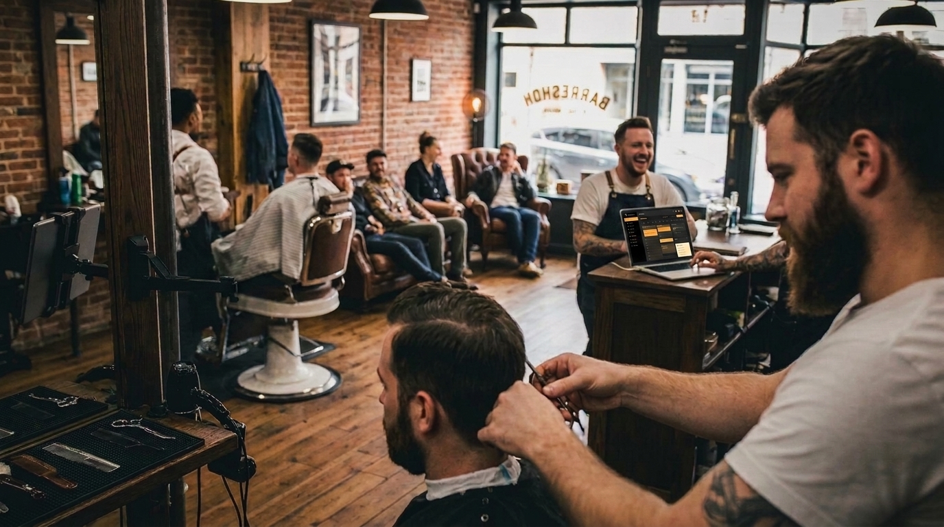 Interior moderno de barbería con sillas vintage y atmósfera cálida